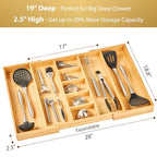 Umilife Extra Large Expandable Kitchen Drawer Organizer for Utensil and Junk, 19" Deep for Big Drawer, 17" to 28" Adjustable Bamboo Wood Drawer Divider, Cutlery Tray, Flatware Holder - style: For Utensil (17"~28" x 19")