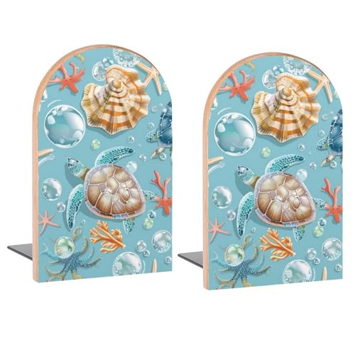 Turtle Conch Pattern Book Ends Decorative Wood Bookends for Shelves Kids Room Desk Home Office Book Stoppers for Books, DVDs, 1 Pair/2 Pieces(5x3.1 in) - color: Turtle Conch Pattern