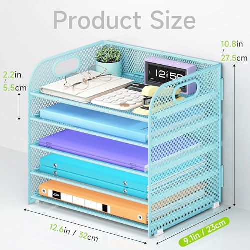Cawukege 5 Tier Paper Organizer with Handle, Blue Metal Mesh Desk Organizer File Folder Paper Letter Tray Desktop Document Sorter for Classroom, School, Office Accessories Organization and Storage - color: Blue