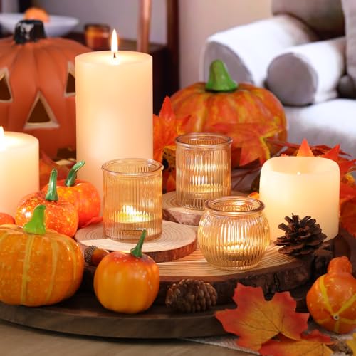 NITIME 12pcs Assorted Gold Votive Candle Holders for Wedding Decor, Ribbed Gold Tea Lights Candle Holder for Diwali, Glass Candle Holder for Fall Table Centerpiece, Party and Holiday Decorations - color: Gold