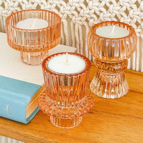 Kate Aspen Glass Taper Candle Holder Set of 6 - Rose Gold Ribbed Vintage Candlestick Votive Pillar Decorative Centerpiece for Dining Table Shelf Decor - color: Rose Gold