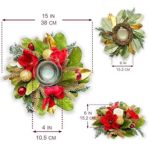 18" Centerpiece with Flameless LED Candle Holder, Design with Red Artificial Magnolia, Gold Baubles & Spruce Branches for Holiday Decor (Red) - color: Red