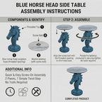 Luxury Horse Statue Round Side Table - 24" Faux Marble Top End Table, Luxury Resin Animal Sculpture Pedestal, Unique Artistic Accent Table for Living Room, Bedroom & Office, Navy Blue - color: Blue Horse