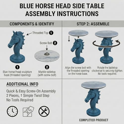 Luxury Horse Statue Round Side Table - 24" Faux Marble Top End Table, Luxury Resin Animal Sculpture Pedestal, Unique Artistic Accent Table for Living Room, Bedroom & Office, Navy Blue - color: Blue Horse