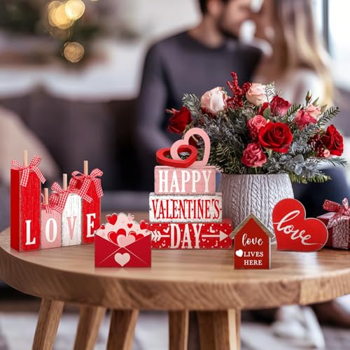 Vercraft 11 Pcs Valentine's Day Table Decorations Red Heart Tiered Tray Decor Love Centerpiece Pink Wooden Books Home Table Top Decor for Wedding Party Supplies - style: Love