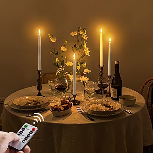 Homemory 11 inches Waxy Battery Operated Taper Candles with Remote Timer Dimmer, 6 Pcs Flameless Taper Candles with Flickering Flame, White Candlesticks Battery Powered for Ceremony Memorial Decor - style: Traditional - White 11"