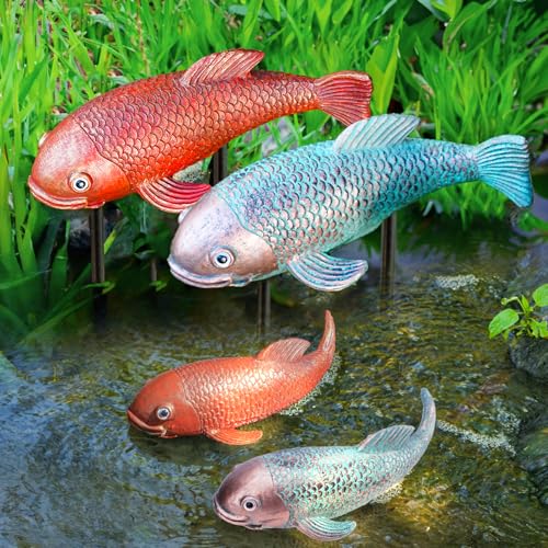 Teaeeno Antique Ceramic Koi Fish Garden Statues - Set of 2 | Exquisite Fish Sculptures for Outdoor, Patio, Pond, and Garden Decorations (Color) - color: Gold