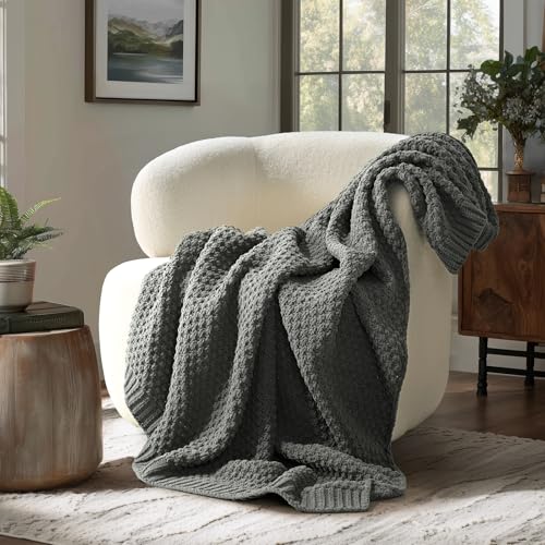 EVERGRACEHOME Chunky Chenille Knit Throw Blanket for Couch, Soft Luxurious Moss Stitch Blankets for Bed, Cozy Decorative Farmhouse Knitted Throws for Sofa, Charcoal Gray, 50" x 60" - color: Charcoal Gray, size: 50" x 60"