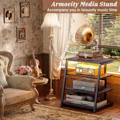Armocity 4-Tier AV Media Stand with Power Strips, Stereo Stand with LED Lights, Rack Audio Tower with Adjustable Shelves, Small Entertainment Center, 30'', Black Ebony - color: Black Ebony, size: 30" (H)