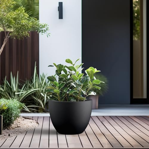 Kante 14.2 Inch Round Concrete Planter - Classic Large Indoor/Outdoor Plant Pot with Drainage Hole and Rubber Plug, Suitable for Gardens and Patios, Black - color: Black, size: 14.2"Dia x 10.6"H