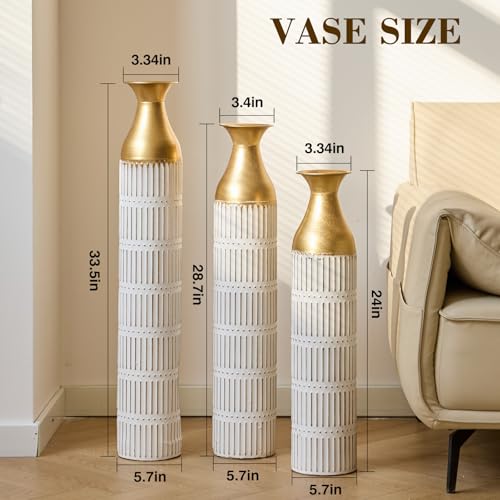 Floor Vases, Tall Home Decor Metal Vase Set of 3 Large Glazed Decorative Vases for Wedding Decor, Elegant Modern Flower Holder for Living Room, Entryway, Hallway, Dining Room - color: Ribbed Ivory Gold
