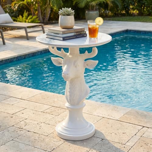 Modern Accent TableLiving Room White Deer Statue Contemporary‌ Faux Marble Night Stand Side Table with White Deer Base Reception Area & Bedroom（Width 19.69" ——Tall 25.59"） - style: White Deer Statue Table