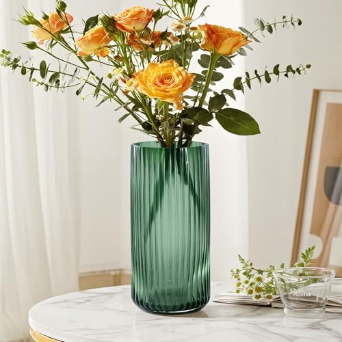 8 Inch Tall Emerald Green Glass Vases for Flowers-Vintage Decorative Ribbed Glass Cylinder Vase for Table, Countertops, Shelves, Flower Vase for Home Decor, Wedding Centerpieces, Kitchen - color: Green, size: Small - 8''H