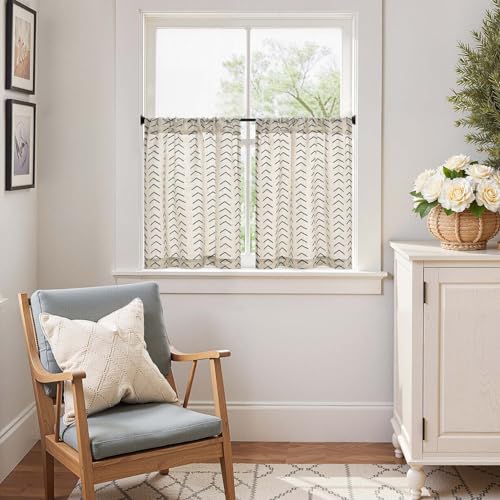 jinchan Boho Linen Blend Kitchen Curtains 24 Inch Length Herringbone Printed Tier Curtains for Small Windows Bathroom Cafe Laundry Room Set of 2 Rod Pocket Black on Linen - color: Arrow | Black on Linen, size: 26"W x 24"L (Pack of 2)