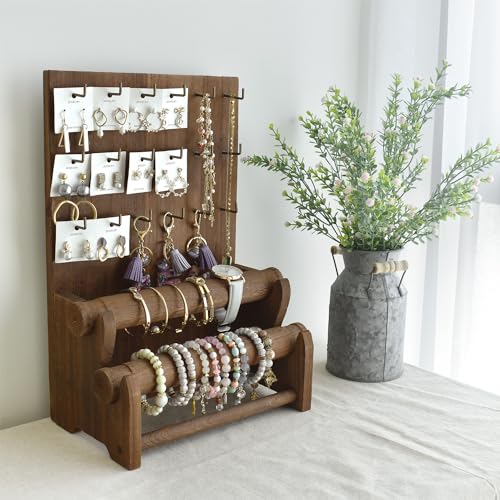 Ikee Design 18 Hooks and 2 Removable Bars Wood Jewelry Holder Organizer Stand, Earring Bracelet Jewelry Display Stand Organizer, Necklace Bracelet Holder, Brown Color - color: 5) Brown, 2 Bars, 18 Hooks