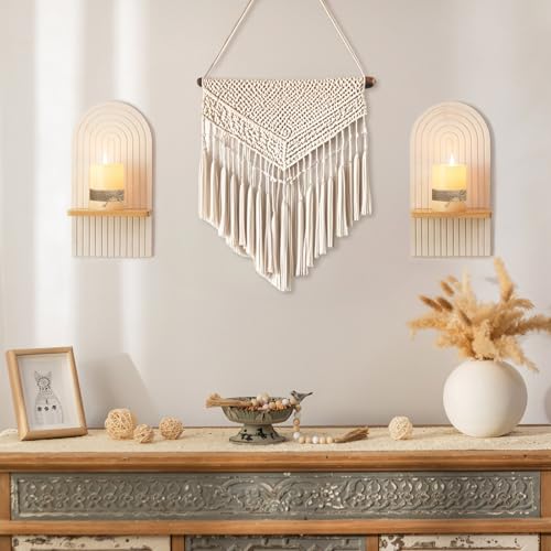 Boho Wall Candle Holder Decor: Mid Century Candle Sconces Set of 2 for Plants Pillar Candles - White Wood Modern Minimalist Arch Candle Shelf Bohemian Art Decor Beside Fireplace TV - color: White