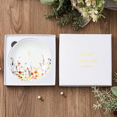 Crisky Initial Jewelry Tray Ring Dish & Gift Box, Ceramic Flower Trinket Dish for Rings Earrings Necklaces Keys, Bridal Shower Engagement Birthday Gift for Women, Friends 4.57" (Gold Foil C - style: Initial C
