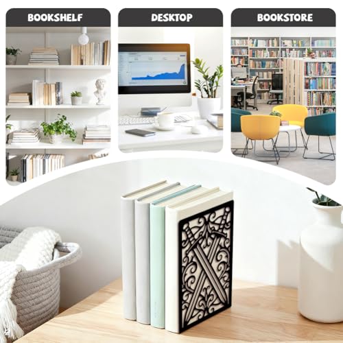 Peacoblue Metal Bookends for Shelves, Modern Decorative Heavy Duty Study Book Ends Stoppers for Office, Desk, Shelf, Room 5.3"x4.3"x7.9" Cast Iron Simple Tall Bookends 1 Pair (Pair of Swords) - style: Pair of Swords and Patterns
