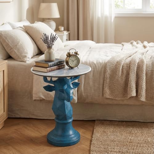 Deer Side Table for Living Room - 20" Faux Marble Top Accent End Table with Hand-Carved Resin Deer Statue Base - Modern Round Bedside Table for Bedroom, Patio, Entryway, Gift - Tool-Free Setup - color: Blue Deer