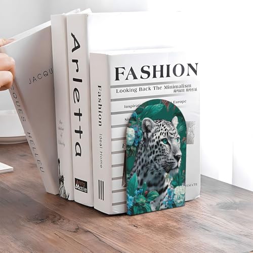 Wild Jungle Snow Leopard On Dark Green Luxury Bookends for Shelves 2 Pcs Wooden Book Stopper Organizer for Home Office Libraries