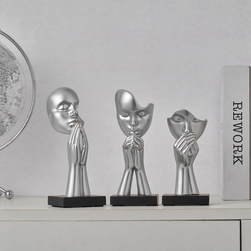 3-Piece Set of Thinker Statues, Gold and Silver Black Abstract Art Meditation Prayer Sculptures, Modern Home or Office Decoration Art Gifts - color: Silver