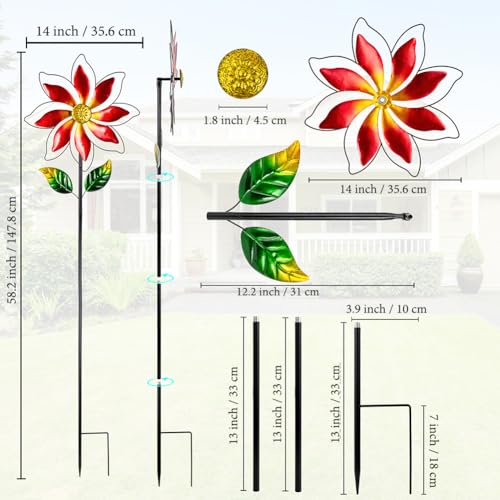 Wind Spinner Outdoor,14’’ Dia Red Flower Shape Garden Pinwheels Spinners,Waterproof Windmill for Yard Lawn Patio Decor - size: 14'' Red