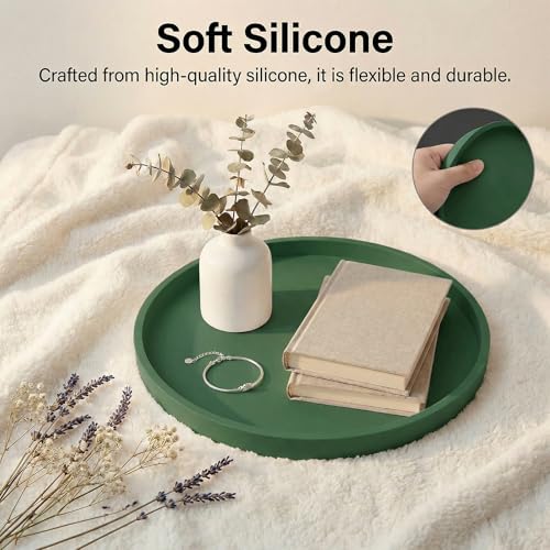 Round Tray Silicone Green, 10.6 Inch Bathroom Tray Countertop Decor, Vanity Trays for Bathroom Organizers, Waterproof Bathroom Tray for Counter, Decorative Coffee Table Tray - color: Green, size: 10.6"