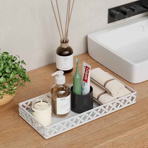 Bathroom Vanity Tray - Small Rectangle Decorative Tray - 11 Inch White Perfume Makeup Tray for Bathroom Counter - color: Rectangle Floral-white