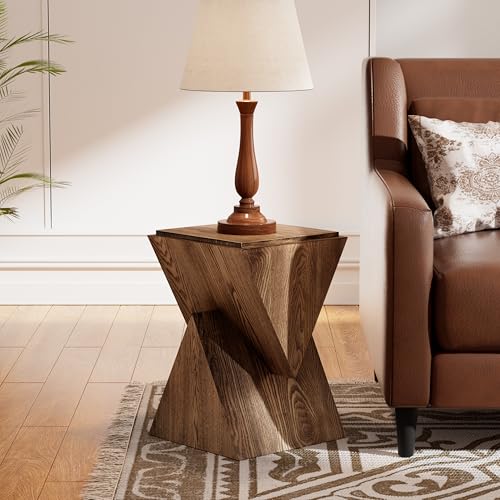 COZAYH Modern Geometric Wood Grain End Table with Structural Design, Farmhouse Side Table with Sculptural Pedestal Base for Living Room, Bedroom, Office, Fully Assembled, Natural