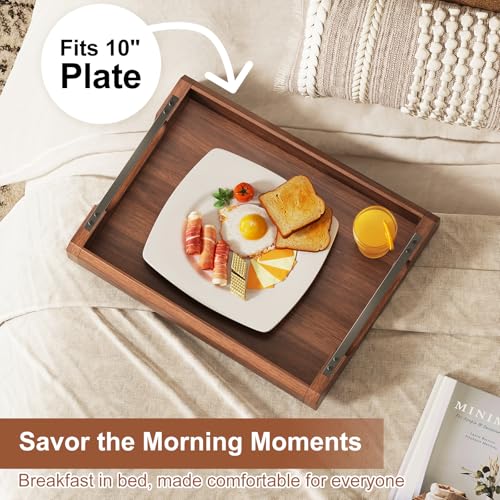 17 Inch Acacia Wood Ottoman Tray for Living Room, Wooden Serving Tray with Metal Handles, Large Serving Trays for Ottoman, Eating Food on Couch, Decorative Trays for Coffee Table, Bathroom, Home Decor
