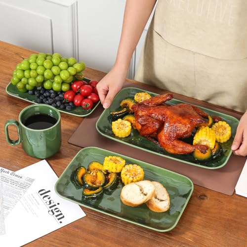 vicrays Ceramic Rectangle Serving Platters - 14" 12" 10" Porcelain Serving Trays Plates for Party BBQ Appetizers Sushi Dessert - Microwave Oven and Dishwasher Safe - Set of 3 Green - color: Green