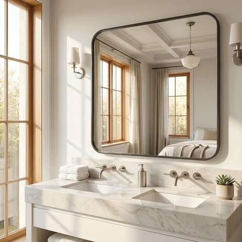Koonmi Bathroom Mirror, 30X40 Inch Black Metal Framed Mirror for Bathroom, Tempered Glass, Anti-Rust, Rounded Rectangle Mirror for Restroom, Bedroom, Black - color: Rounded Edged, size: 40"L x 30"W