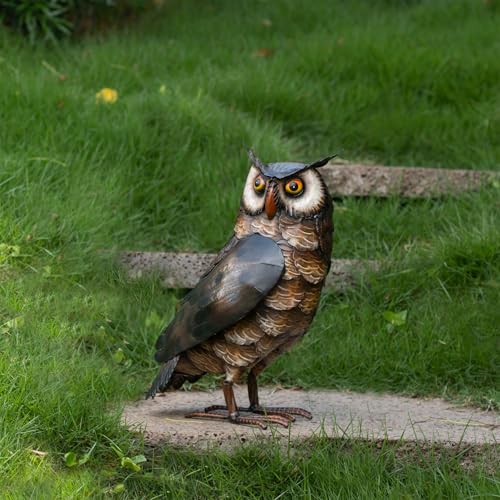 Natelf Garden Owl Sculptures & Statues, Standing Metal Bird Yard Art Sculpture for Patio Backyard Pond Outdoor Decorations (Brown-1) - color: Brown-1