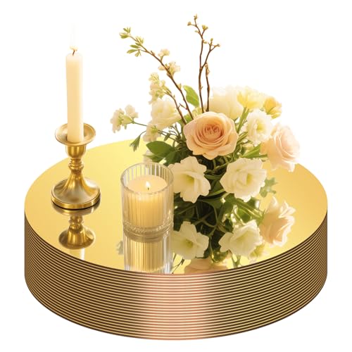 24PCS Gold Round Mirror Centerpieces for Tables, 12" Flat Circle Mirror Plates for Wedding Decorations, Mirror Trays for Candles Flowers Vases, Table Centerpiece Decor for Birthday Party Supplies - size: 12inch