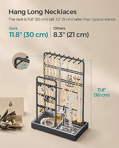 SONGMICS Jewelry Holder, Jewelry Organizer, Jewelry Display Stand with Metal Frame, Velvet Tray, Necklace Earring Bracelet Holder, for Studs, Rings, Gift Idea, Ink Black UJJS021B01