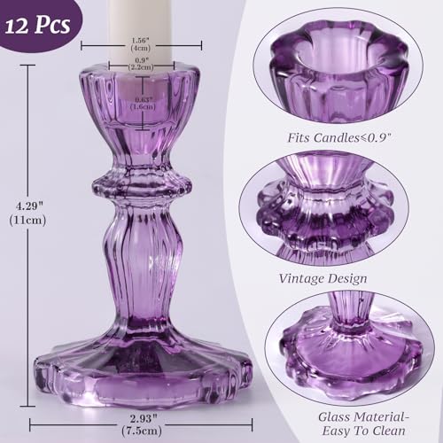 12pcs Taper Candle Holders, Candlestick Holders, Glass Candle Holder - Vintage Flower Design Candle Holders for Wedding, Birthday, Halloween & Home Decoration (Purple) - color: Purple