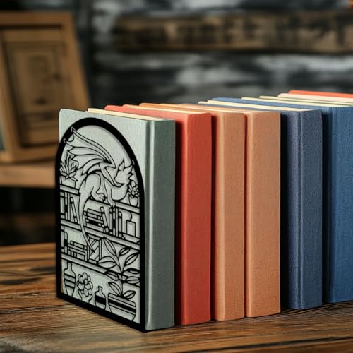 Peacoblue Metal Bookends for Shelves, Modern Decorative Heavy Duty Study Book Support Stoppers for Office, Desk, Shelf, Room 5.3"x4.3"x7.9" Cast Iron Bookends, 1 Pair (Cartoon Dragon and Bookcase) - style: Cartoon Dragon and bookcase