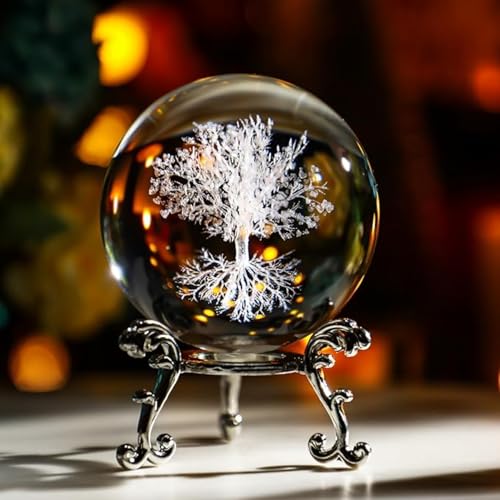 6cm Engraved Decor Sphere with Silver Metal Stand - Life Tree Tabletop Ornament