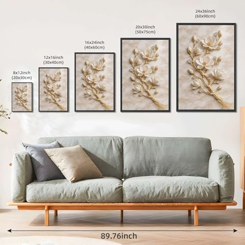 Luxury White Magnolia Flower Wall Art Gold Branch Crystal Accents Elegant 3D Floral Sculpture for Living Room Bedroom Home Decor (Black Framed,12”LX16 W)