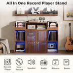 IRONCK Luxury Record Player Stand with Storage, Holds 1500+ Vinyl Records, Large Record Storage Cabinet with Sliding Doors & Charging Station & LED Light, Brown