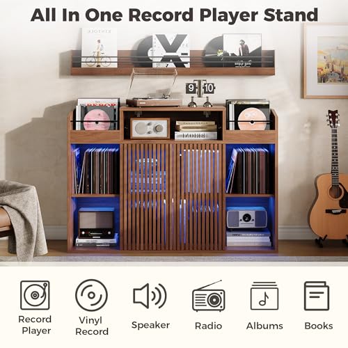 IRONCK Luxury Record Player Stand with Storage, Holds 1500+ Vinyl Records, Large Record Storage Cabinet with Sliding Doors & Charging Station & LED Light, Brown