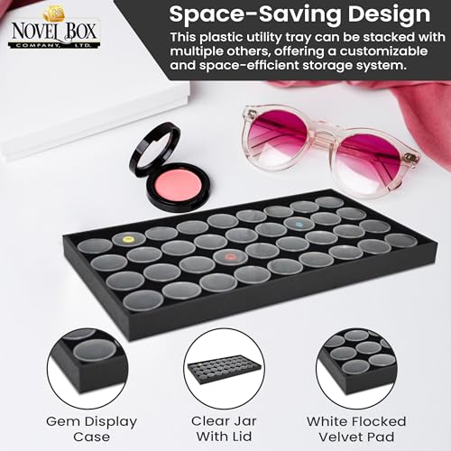 Novel Box Jewelry Display Tray Black Plastic 8.25 x 14.75 x 1 Large Jewelry Tray with 36 Gem Jars Insert | Rectangular Display Trays for Collectibles | Rock Collection Tray | Gem Display Tray - color: 36-Gem Jars Black Foam Liner, size: Plastic Tray: 8.25