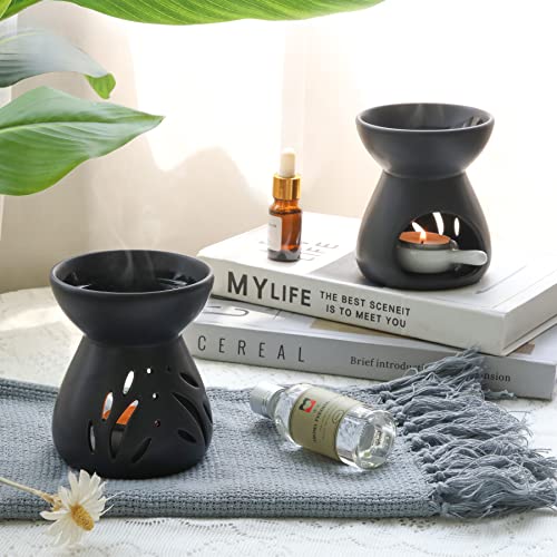 ComSaf Essential Oil Burner Wax Melt Burners Set of 2, Aromatherapy Aroma Burner Ceramic Oil Diffuser Candle Tealight Holder Home Bedroom Decor Christmas Housewarming Gift, Black - color: Black