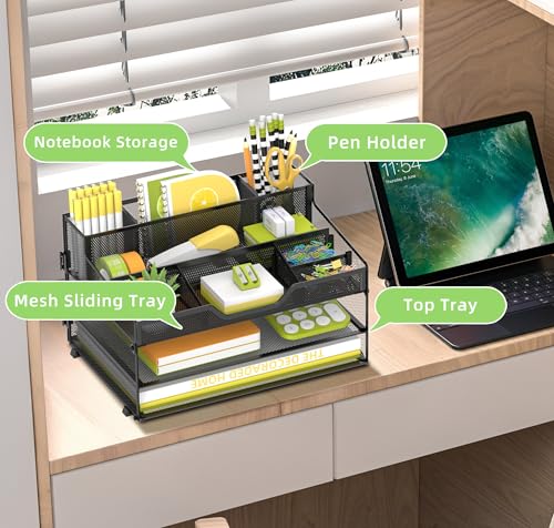 SUPEASY 3 Tier Desk Organizer, Mesh Letter Tray Paper Organizer with 5 Adjustable Storage Compartments & Pen Holder, Metal Desk Accessories for Home Office School, Black - size: 13.6" x 9.4" x 2.3"