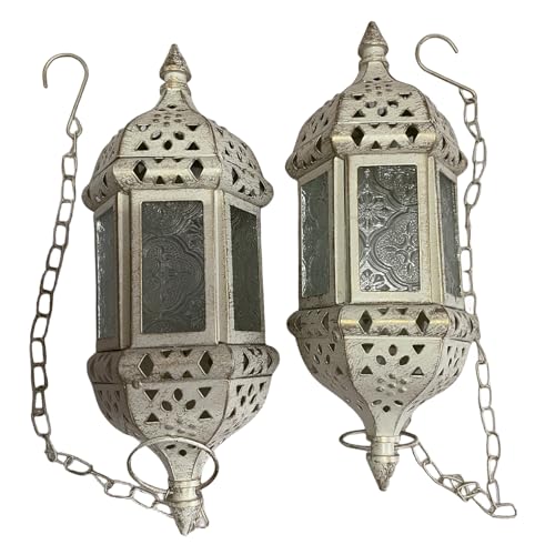 2PCS Moroccan Hanging Decorative Candle Lantern Holder Metal Tealight Candlestick Holder Glass Indoor Outdoor Candle Holder Courtyard Hanging Decoration (Vintage White) - color: Vintage White