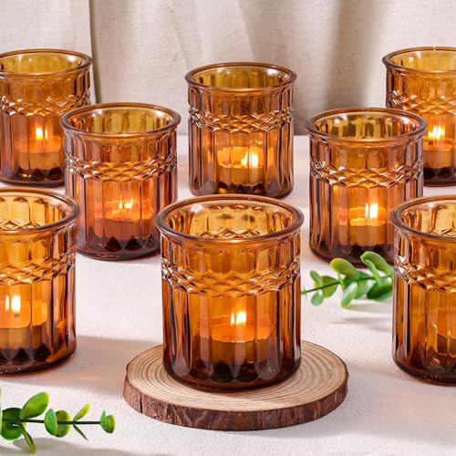 NITIME 8pcs Amber Votive Candle Holders, Large Tea Light Candle Holder Glass for Fall Table Decor, Amber Candle Holders for Table Centerpiece, Home, Wedding and Party Decor - color: Amber