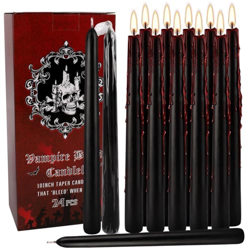 24 Pcs 10 Inch Vampire Blood Taper Candles Vampire Blood Candle, Ritual Spell Unscented Candle Halloween Spooky Decor for Haunted House, Gothic Theme Party. - color: 24Pack-Black Bleeding-10inch