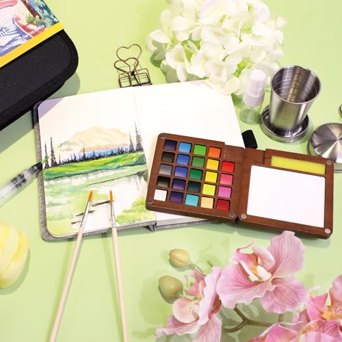 Pagather 24 Colors Mini Watercolor Travel Set, Portable Watercolor Kit with Water Brush, Pocket Size Painting Set for Beginners, Hobbyists & Artists