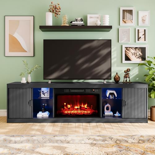 LGHM 70'' LED TV Stand with Fireplace, Stylish Modern Entertainment Center with 2 Slip Doors for TVs Up to 80”, Media Console with Storage for Living Room, Black - size: 22''H & Fireplace