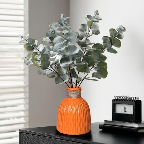 Orange Ceramic Vase 6 Inch - Small Ceramic Flower Vase for Home Decor,Round Textured Vases for Fall Decorative, Shelf, Bookshel, Office, Fireplace Mantle - color: Orange
